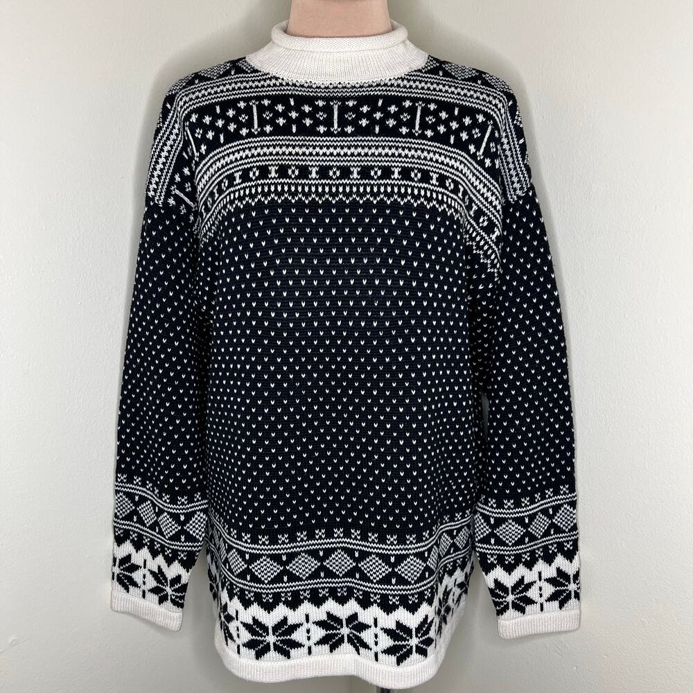 Vintage Old Navy Wool Blend Sweater Medium Nordic Fair Isle Knit Roll Neck 90s